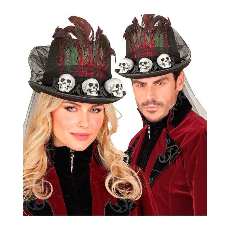 CHAPEAU VAUDOU HAUT DE FORME + VOILE NOIR PLUMES ROUGE ROSES NOIRES TETE DE MORT
