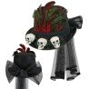 CHAPEAU VAUDOU HAUT DE FORME + VOILE NOIR PLUMES ROUGE ROSES NOIRES TETE DE MORT
