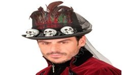 CHAPEAU VAUDOU HAUT DE FORME + VOILE NOIR PLUMES ROUGE ROSES NOIRES TETE DE MORT