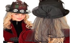 CHAPEAU VAUDOU HAUT DE FORME + VOILE NOIR PLUMES ROUGE ROSES NOIRES TETE DE MORT