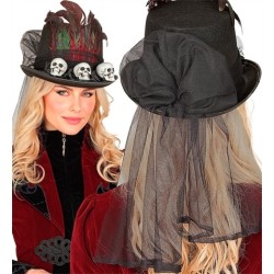 CHAPEAU VAUDOU HAUT DE FORME + VOILE NOIR PLUMES ROUGE ROSES NOIRES TETE DE MORT