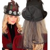 CHAPEAU VAUDOU HAUT DE FORME + VOILE NOIR PLUMES ROUGE ROSES NOIRES TETE DE MORT