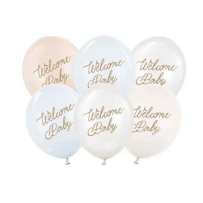 6 BALLONS LATEX WELCOME BABY MIX PASTEL BLEU 30 CM