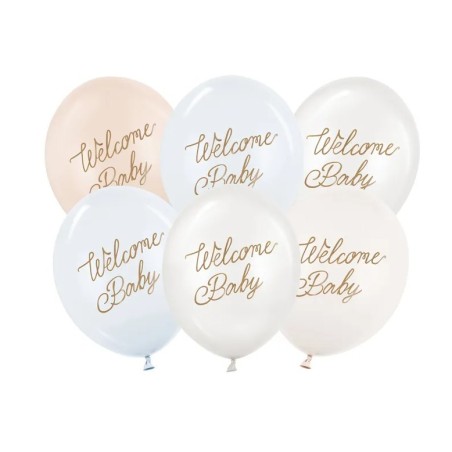 6 BALLONS LATEX WELCOME BABY MIX PASTEL BLEU 30 CM