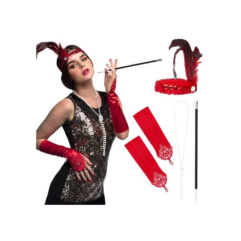 SET CHARLESTON OU FLAPPER ROUGE GANTS SERRE TETE FUME CIGARETTE SET CHARLESTON OU FLAPPER ROUGE GANTS SERRE TETE FUME CIGARETTE