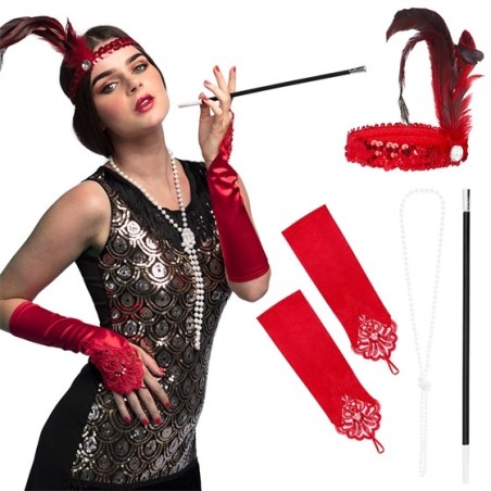SET CHARLESTON OU FLAPPER ROUGE GANTS SERRE TETE FUME CIGARETTE