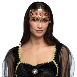 BIJOU DIADEME SERRE TETE DANSEUSE ORIENTALE ADULTE METAL OR PIERRES ROUGES