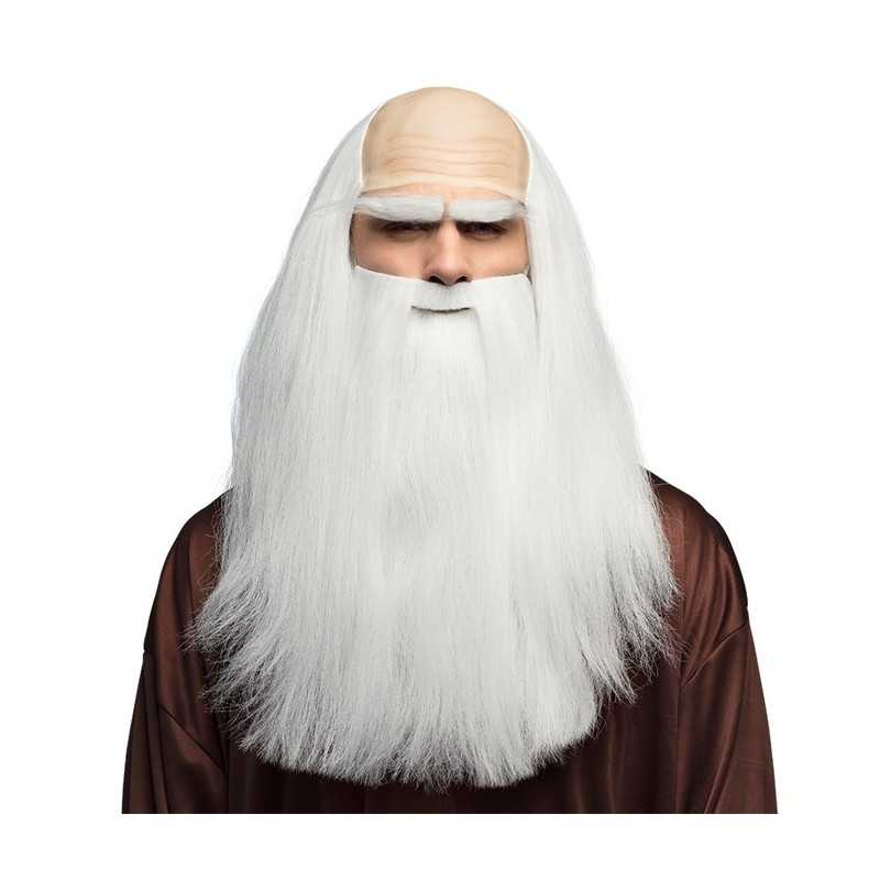 PERRUQUE DESGARNIE CHEVEUX LONGS BLANCS+ BARBE BLANCHE DE MERLIN DRUIDE 