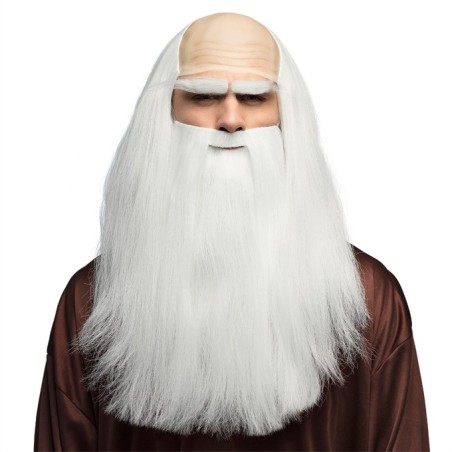 PERRUQUE DESGARNIE CHEVEUX LONGS BLANCS+ BARBE BLANCHE DE MERLIN DRUIDE 