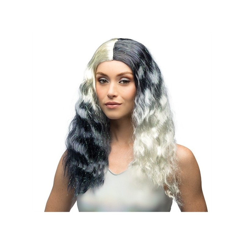 PERRUQUE CHEVEUX LONGS ONDULES NOIR ET BLANC SANS FRANGE GALAXY PERRUQUE CHEVEUX LONGS ONDULES NOIR ET BLANC SANS FRANGE GALAXY