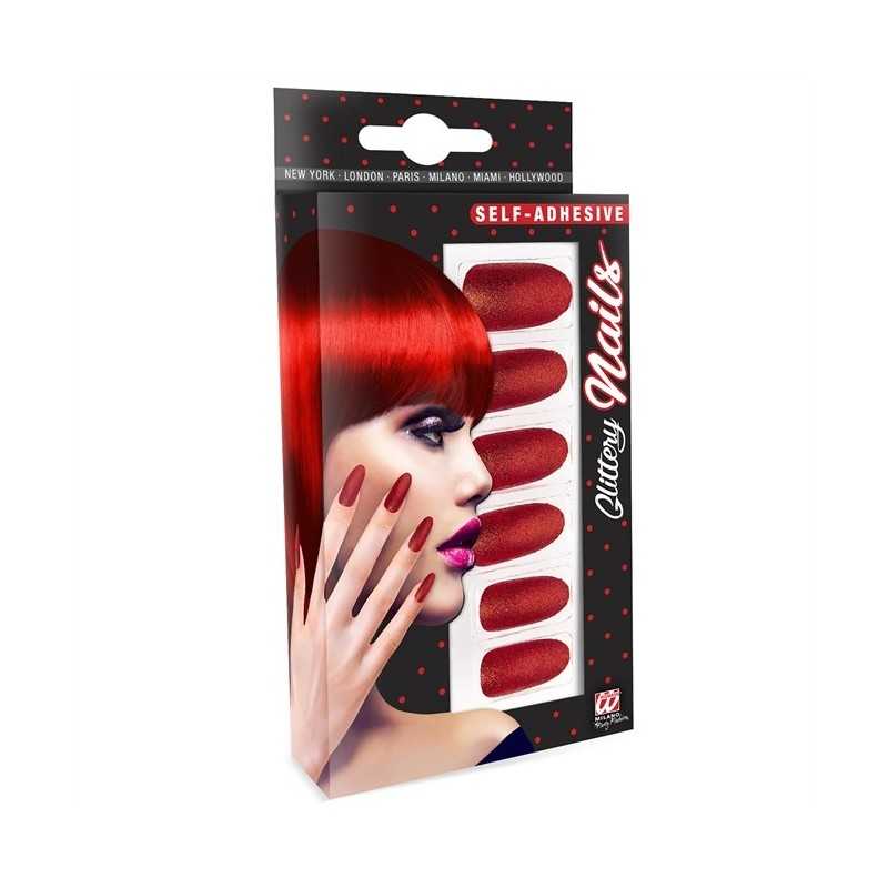 SET 12 ONGLES ADHESIFS ROUGE PAILLLETTES