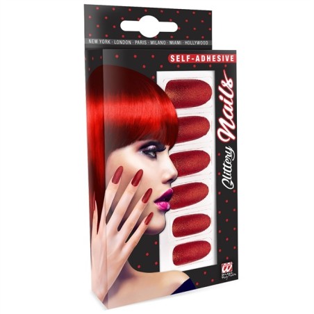 SET 12 ONGLES ADHESIFS ROUGE PAILLLETTES
