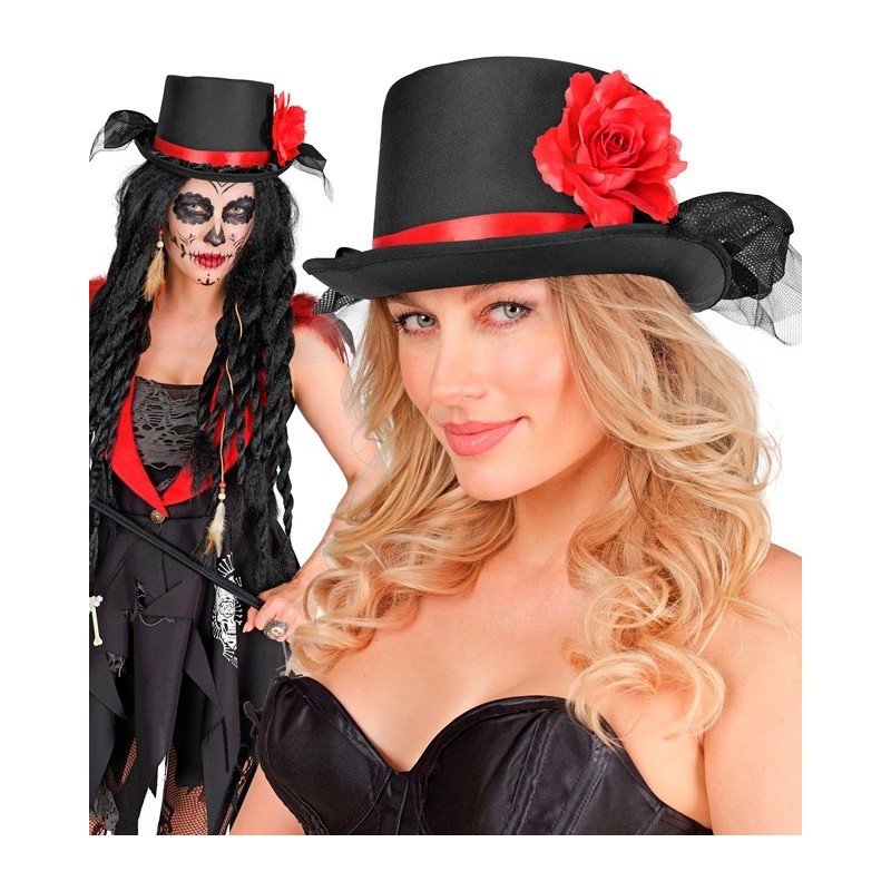 CHAPEAU HAUT DE FORME NOIR AVEC TULLE NOIR ET ROSE ROUGE CHAPEAU HAUT DE FORME NOIR AVEC TULLE NOIR ET ROSE ROUGE