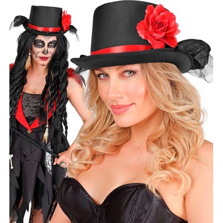 CHAPEAU HAUT DE FORME NOIR AVEC TULLE NOIR ET ROSE ROUGE