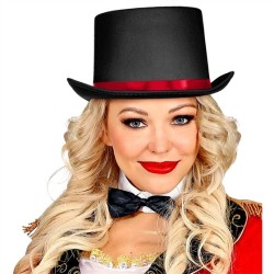 CHAPEAU HAUT DE FORME NOIR RUBAN ROUGE DIRECTEUR DE CIRQUE