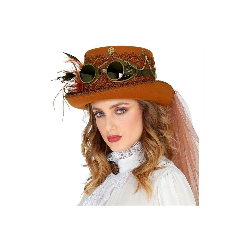 CHAPEAU HAUT DE FORME MARRON STEAMPUNK ( AVEC LUNETTES ET VOILE) CHAPEAU HAUT DE FORME MARRON STEAMPUNK ( AVEC LUNETTES ET VOILE)