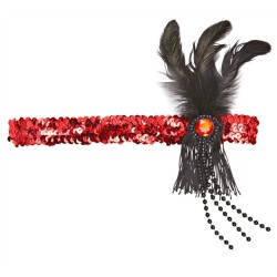 BANDEAU A PAILLETTE ROUGE AVEC PLUME ET STRASS