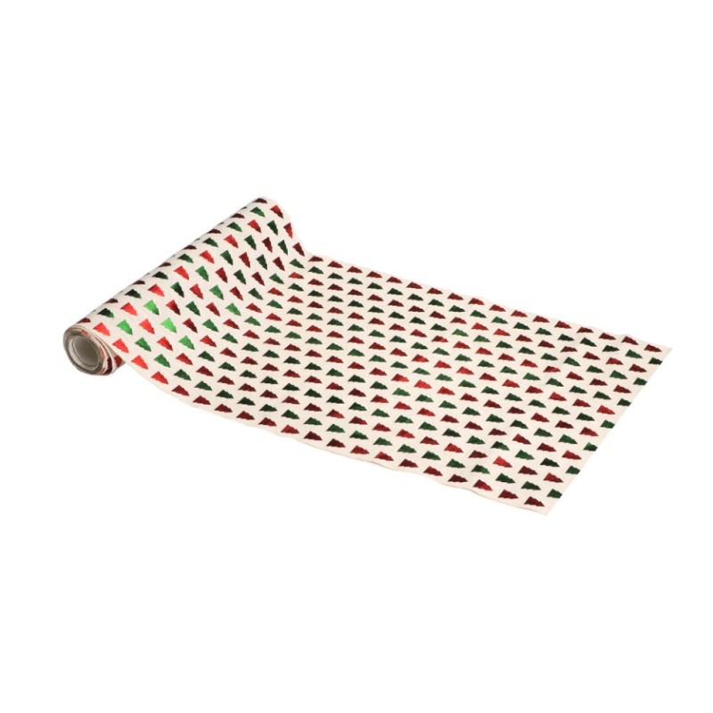 CHEMIN DE TABLE TISSU EFFET NATUREL SAPINS METAL ROUGES ET VERTS