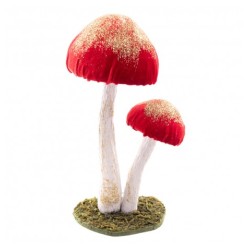 2 CHAMPIGNONS VELOURS ROUGE RUBIS PAILLETTES OR 25CM