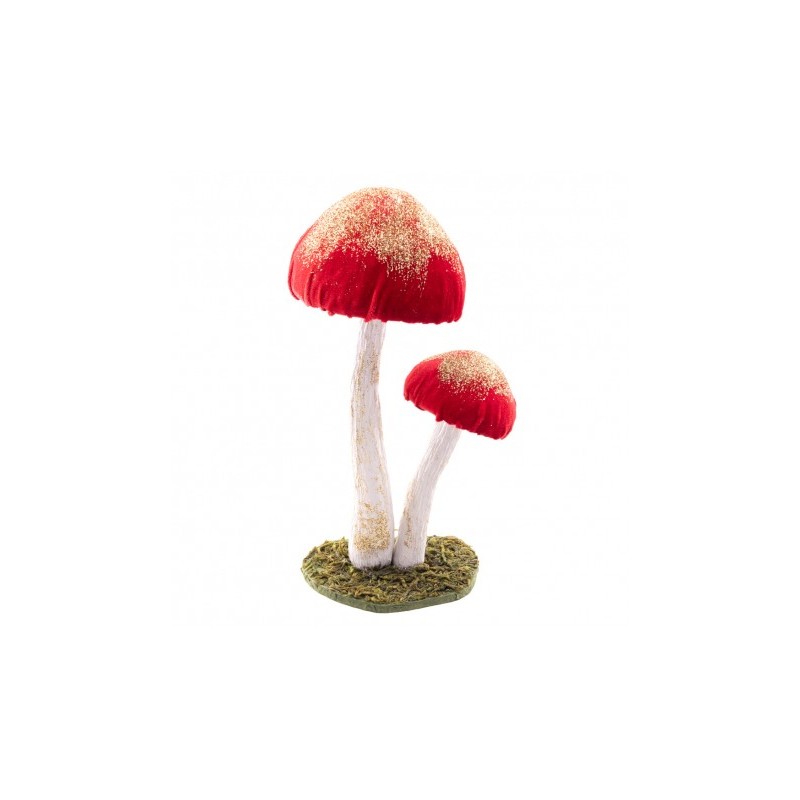 2 CHAMPIGNONS VELOURS ROUGE RUBIS PAILLETTES OR 25CM