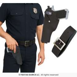CEINTURE + HOLSTER NOIR + 1 PISTOLET PLASTIQUE ARGENT POLICE 