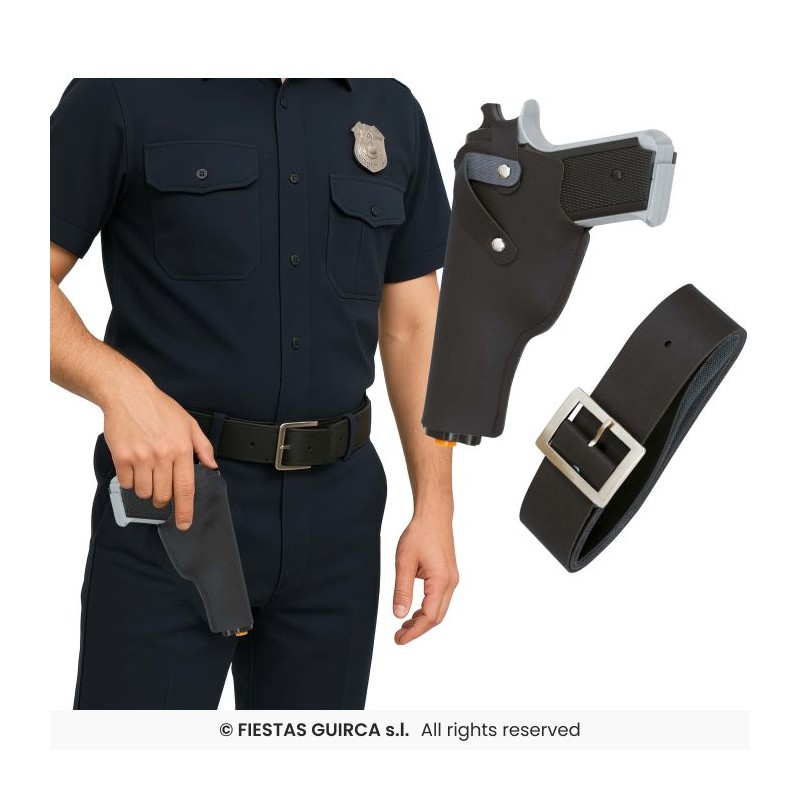CEINTURE + HOLSTER NOIR + 1 PISTOLET PLASTIQUE ARGENT POLICE 