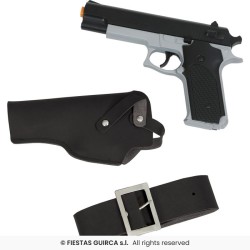 CEINTURE + HOLSTER NOIR + 1 PISTOLET PLASTIQUE ARGENT POLICE 