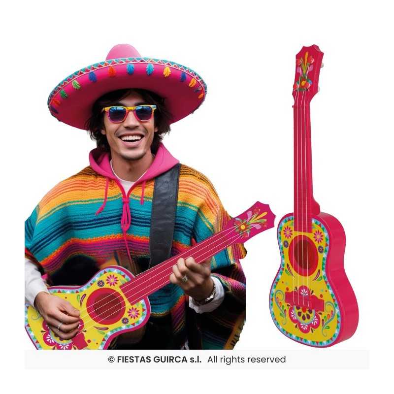 GUITARE UKULELE EN PLASTIQUE COLORE ROSE DECOR MEXICAINS 54 CM