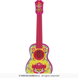 GUITARE UKULELE EN PLASTIQUE COLORE ROSE DECOR MEXICAINS 54 CM