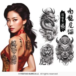 TATOUAGES EPHEMERES ASIATIQUES 14 X 30 CM DRAGON LION