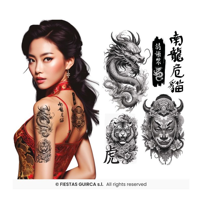 TATOUAGES EPHEMERES ASIATIQUES 14 X 30 CM DRAGON LION