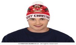 BONNET A POMPOM RENNE DE NOEL MERRY CHRISTMAS MOTIFS SUR FOND ROUGE