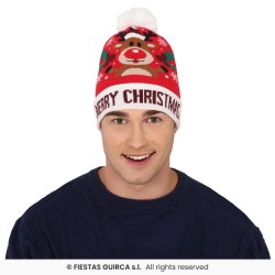 BONNET A POMPOM RENNE DE NOEL MERRY CHRISTMAS MOTIFS SUR FOND ROUGE