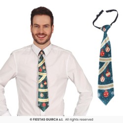 CRAVATE DE NOEL VERTE AVEC BOULES ET GUIRLANDE ROUGE ET OR