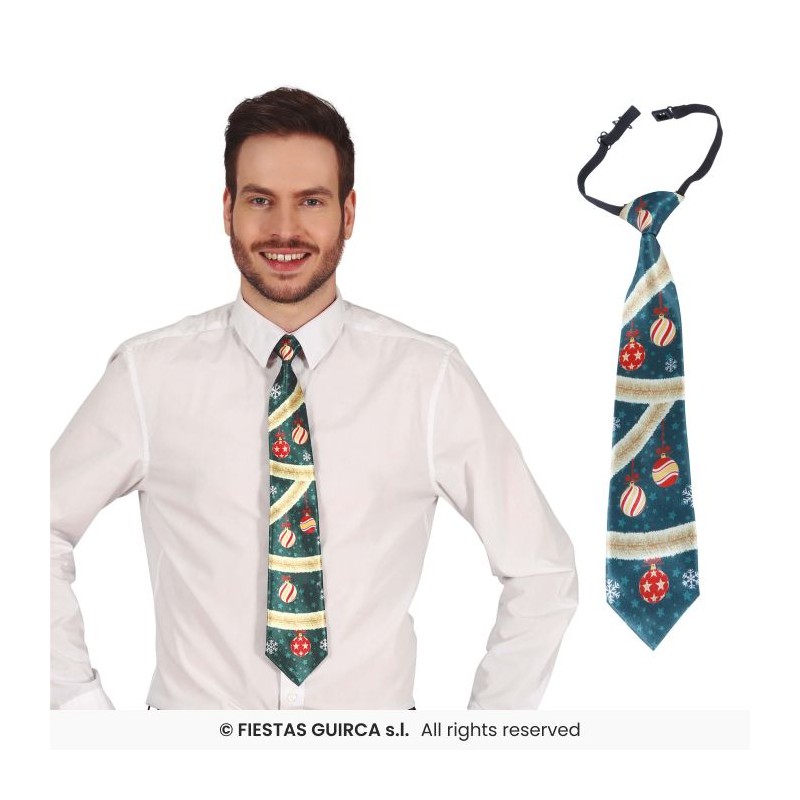 CRAVATE DE NOEL VERTE AVEC BOULES ET GUIRLANDE ROUGE ET OR