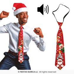 CRAVATE DE NOEL MUSICALE PERE NOEL ET SAPIN SUR FOND ROUGE