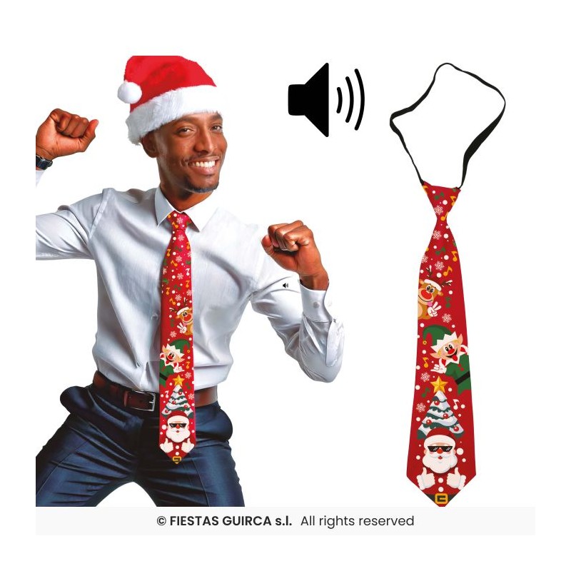 CRAVATE DE NOEL MUSICALE PERE NOEL ET SAPIN SUR FOND ROUGE