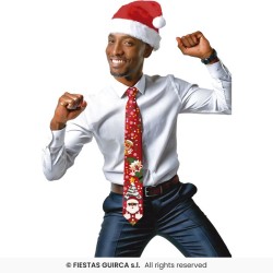 CRAVATE DE NOEL MUSICALE PERE NOEL ET SAPIN SUR FOND ROUGE