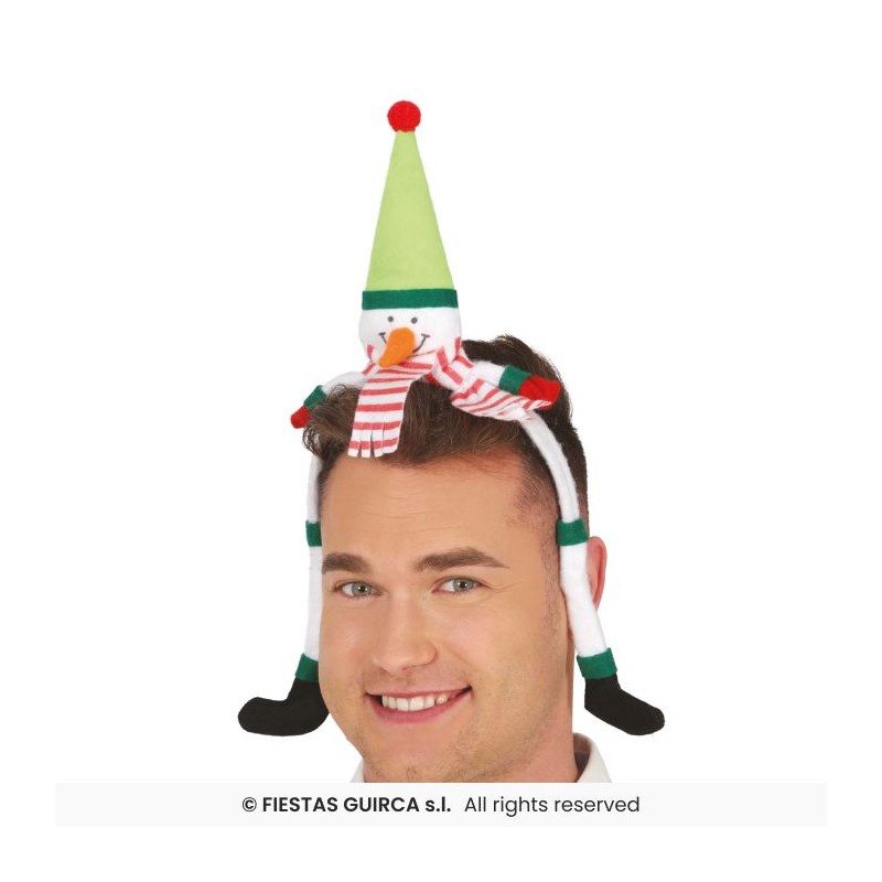 SERRE TETE BONHOMME DE NEIGE BLANC BONNET VERT