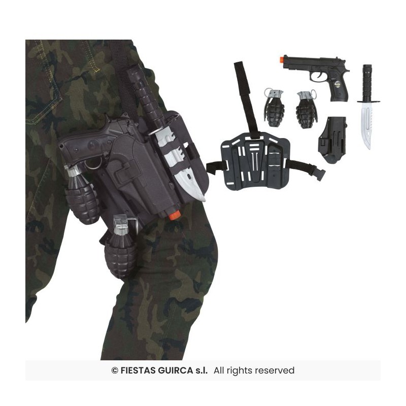 SET MILITAIRE HOLSTER DE JAMBE 2 GRENADES 1 PISTOLET 1 COUTEAU