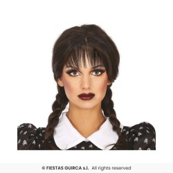 PERRUQUE MERCREDI 2 NATTES OU TRESSES NOIRES + FRANGE ADULTE