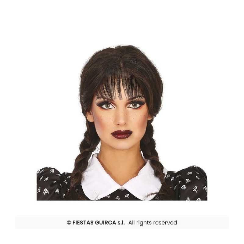 PERRUQUE MERCREDI 2 NATTES OU TRESSES NOIRES + FRANGE ADULTE