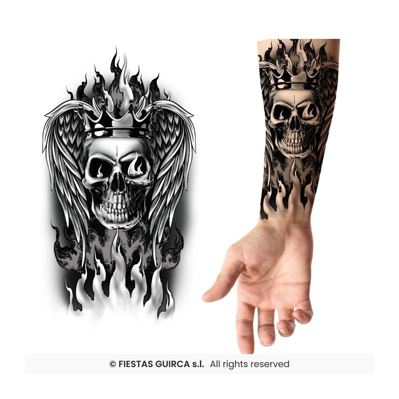 TATOUAGE TETE DE MORT COURONNEE 30 X 14 CM