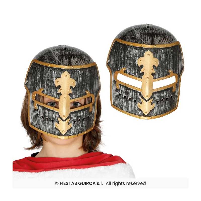 CASQUE OU HEAUME DE CHEVALIER ARGENT ET OR ENFANT VISIERE AMOVIBLE
