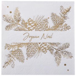 10 SERVIETTES MAJESTUEUSE NATURE BLANC ET OR JOYEUX NOEL 33 X 33 CM