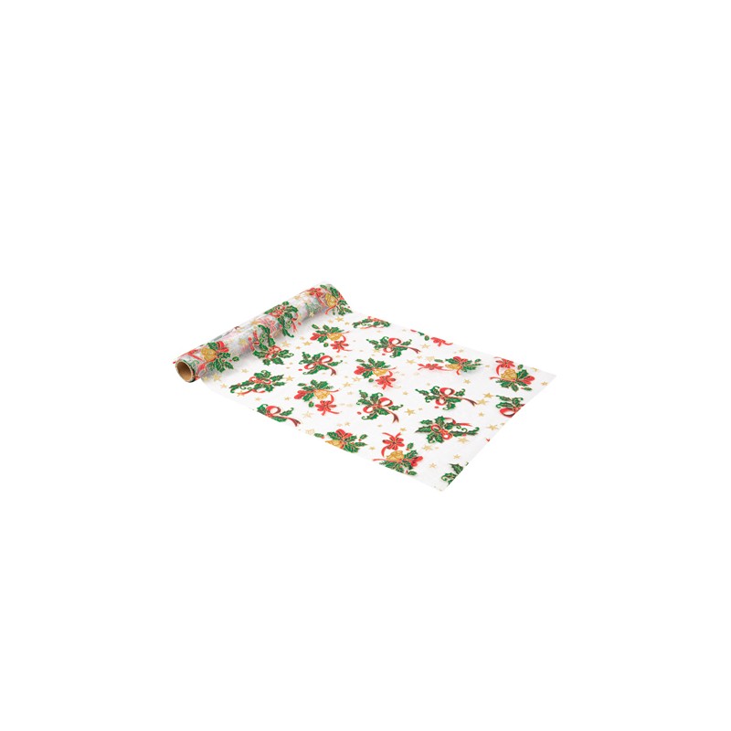 CHEMIN DE TABLE HOUX TRADITIONNELLE ORGANZA VERT, ROUGE PAILETTES OR 28 CM X 3M 