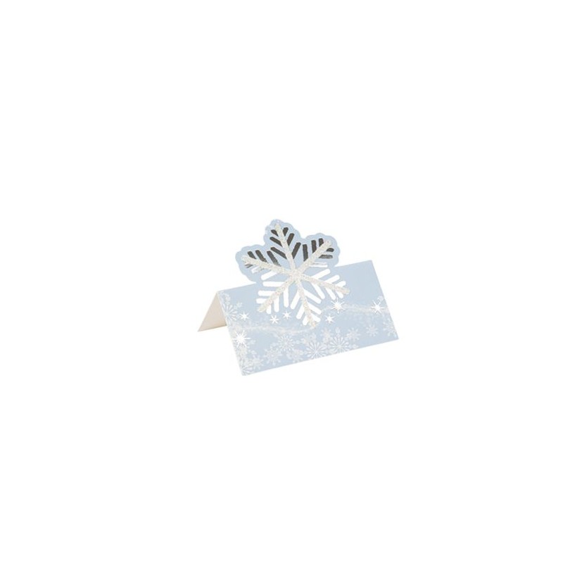 10 MARQUE-PLACES FLOCONS BLEU GLACIER ET PAILLETTES IRISEES 8 X 7 CM 