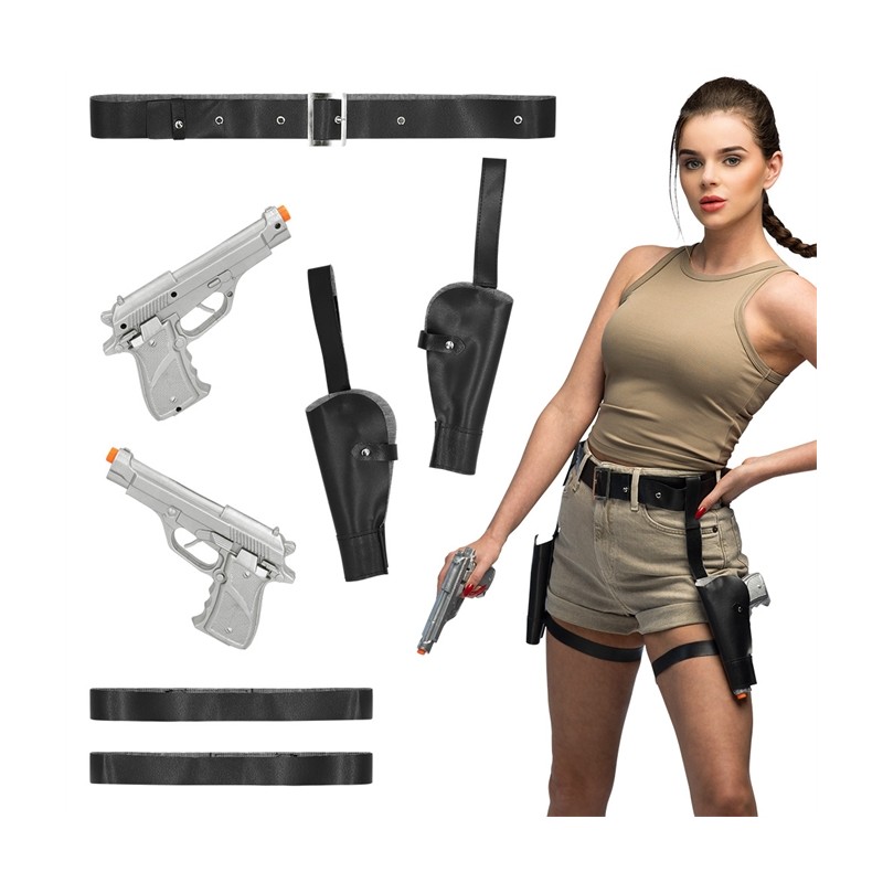 CEINTURE + DOUBLE HOLSTER + 2 PISTOLETS LARA NOIRE SET AVENTURIER