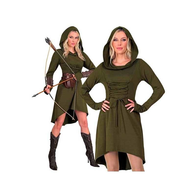 DEGUISEMENT GOTIQUE MEDIEVALE ROBIN DES BOIS FEMME ROBE VERTE A CAPUCHE TAILLE S