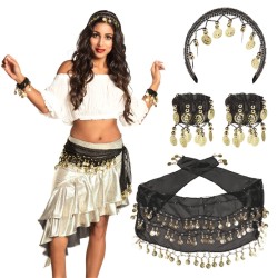 SET BELLY DANCE POUR DANSEUSE DU VENTRE NOIR CEINTURE 2 BRACELETS ET BANDEAU